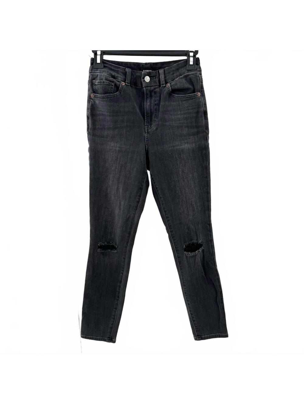 {SOLD} Express Black Cropped High Rise Hyper Distressed Skinny Jeans Small - Picture 1 of 6